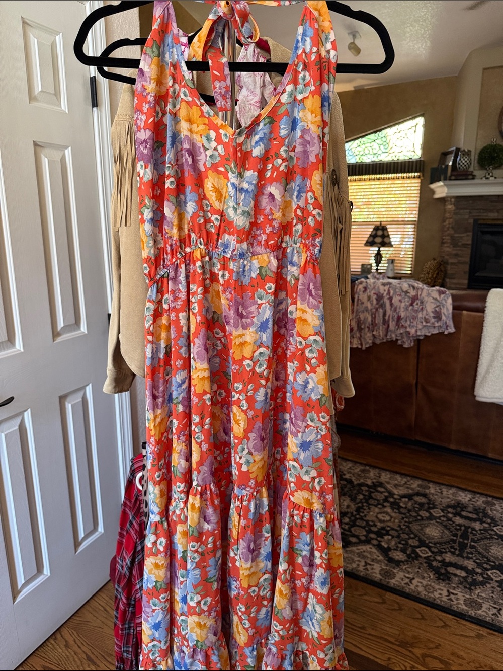 Floral Tie-Back Maxi Dress in Coral